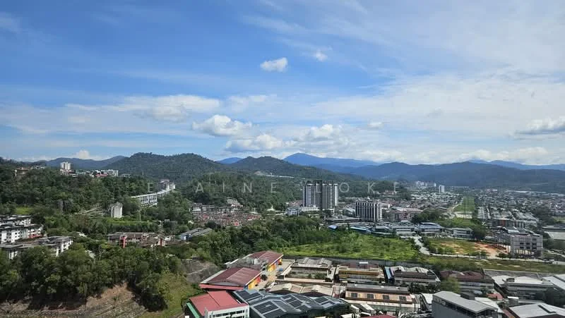 Exterior features: city skyline, mountain view, greenery, urban development, mixed-use buildings, residential areas, road infrastructure, clear blue sky, scattered clouds; style: modern.