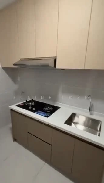 Kitchen features: light wood cabinetry, white countertop, stainless-steel sink, chrome pull-down faucet, built-in gas hob with two burners, exhaust hood, white tiled backsplash, grey floor tiles; style: modern.