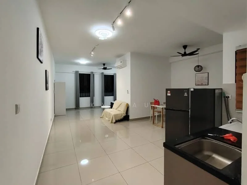 Living features: white painted walls, glossy ceramic tile flooring, recessed downlights, 2 ceiling fans, floor-to-ceiling windows, black countertop, stainless-steel sink, fridge, dining table, folding chair, sofa, air conditioning unit; style: modern.