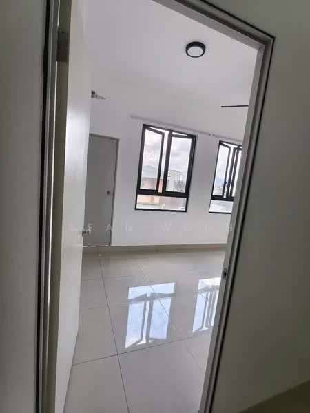 Room features: white painted walls, glossy tile flooring, ceiling light fixture, floor-to-ceiling windows, city view, neutral color scheme, sliding door, high ceiling; style: modern; view: city.