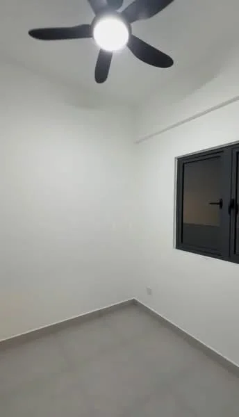 Room features: white painted walls, grey tile flooring, ceiling fan, black framed window.