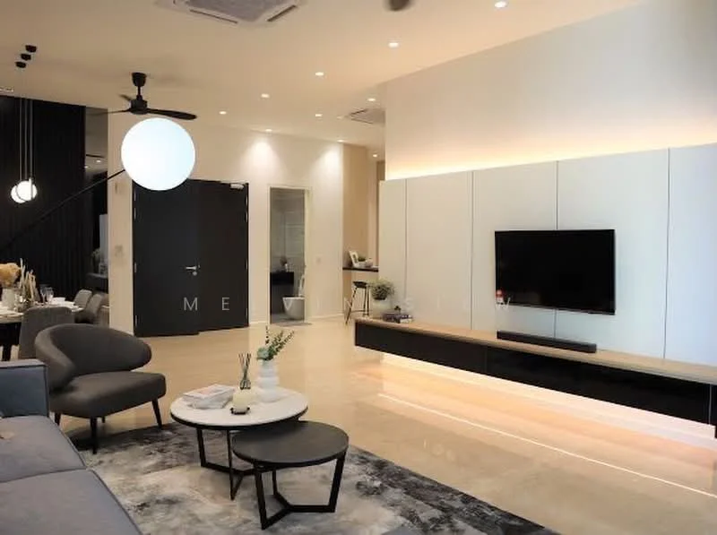 Living features: grey fabric sofa, round coffee table with black top, round coffee table with white top, wall-mounted TV, black TV console with wood accent, recessed LED downlights, 5-blade ceiling fan with light, decorative wall with black paneling, marble flooring, neutral wall colour, decorative plant in ceramic pot, dining area visible in background; style: modern.