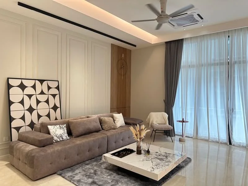 Living features: L-shape sectional sofa in grey, coffee table with marble top, area rug with geometric pattern, wall-mounted clock, floor-to-ceiling windows with sheer curtains, recessed downlights, ceiling fan, decorative vase with dried flowers, wood panel accent wall, artwork with geometric design; style: modern.