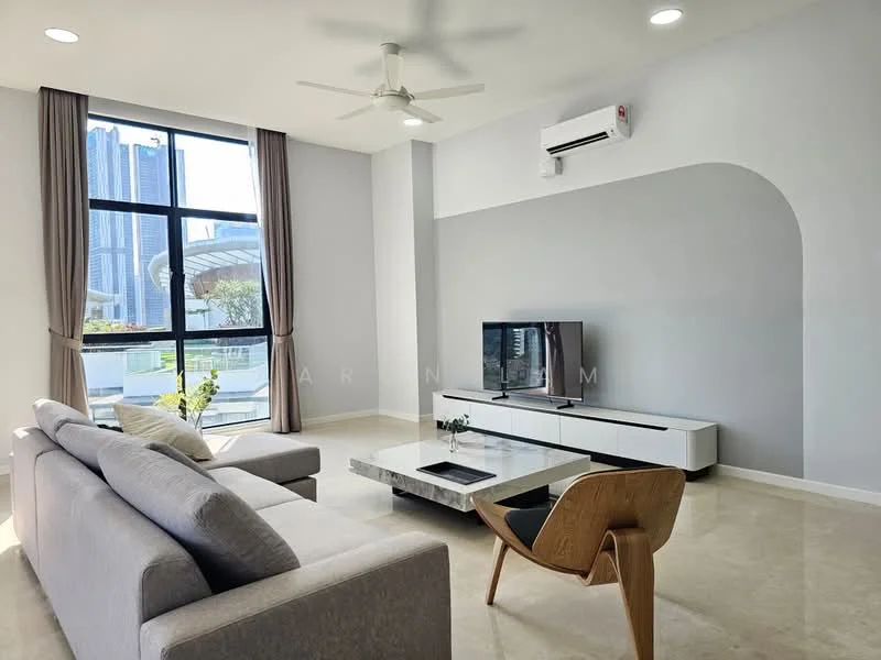 Living features: 3-seater fabric sofa in light grey, coffee table with marble top, TV console in white, wall-mounted TV, floor-to-ceiling windows, curtains in light grey, ceiling fan with light, recessed downlights, polished stone flooring, air conditioning unit on wall, decorative plant in vase, wooden accent chair; style: modern; view: city.