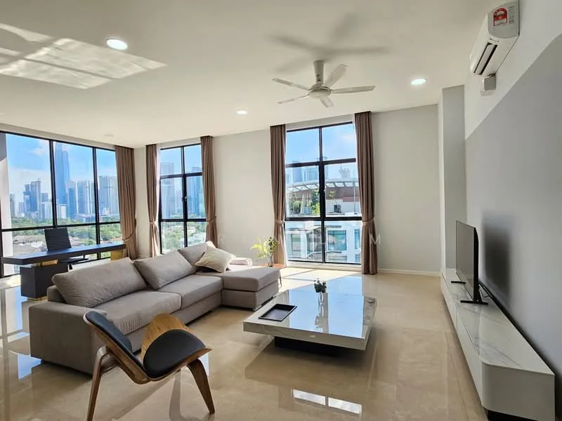 Living features: 3-seater fabric sofa in light grey, coffee table with white surface, wall-mounted TV, TV console, floor-to-ceiling windows, sheer curtains, ceiling fan with light, marble flooring, decorative plant in pot, study desk with chair, recessed downlights; style: modern; view: city.
