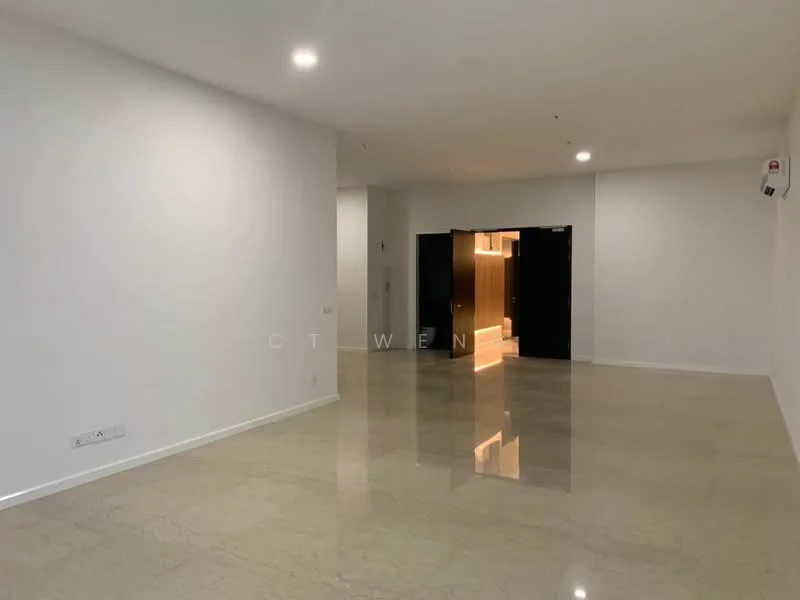 Room features: white painted walls, polished marble flooring, recessed downlights, double-door entry, open layout, no visible furniture, neutral color scheme, large open space; style: modern.
