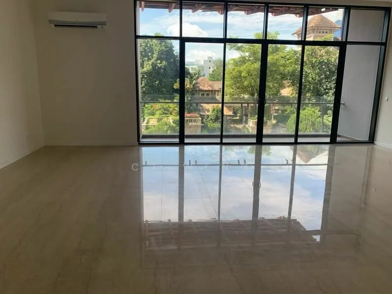 Room features: large floor-to-ceiling windows, white painted walls, marble tile flooring, air conditioning unit, high ceiling, natural light, view of greenery, open layout; style: modern; view: garden.