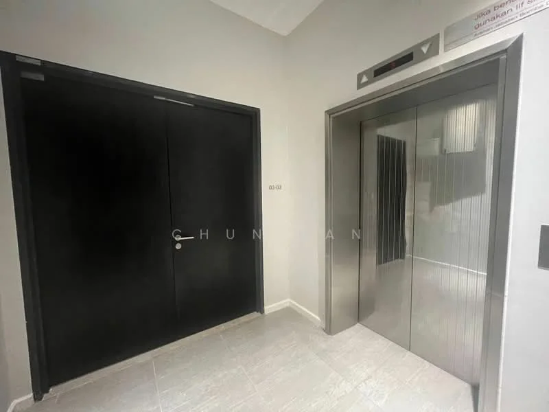 Room features: black double doors, metal elevator doors, grey tiled flooring, white painted walls, elevator call button panel, light fixture on ceiling; style: modern.
