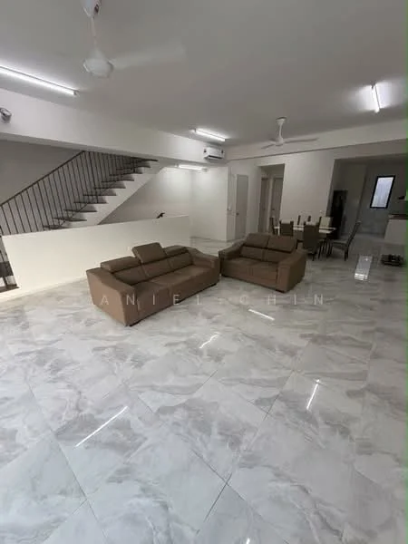 Living features: marble tile flooring, white painted walls, 5-blade ceiling fan with light, 2-seater fabric sofa in brown, 2-seater fabric sofa in brown, dining table with chairs, staircase with metal railing, air conditioning unit on wall, recessed LED downlights; style: modern.
