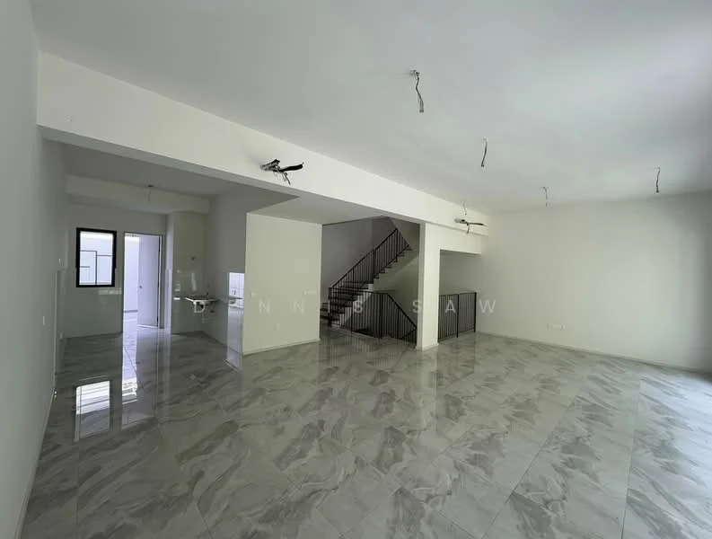 Room features: white painted walls, marble tile flooring, exposed ceiling with electrical wiring, large windows, open layout, staircase with metal railing, natural light from windows, neutral color scheme; style: modern.