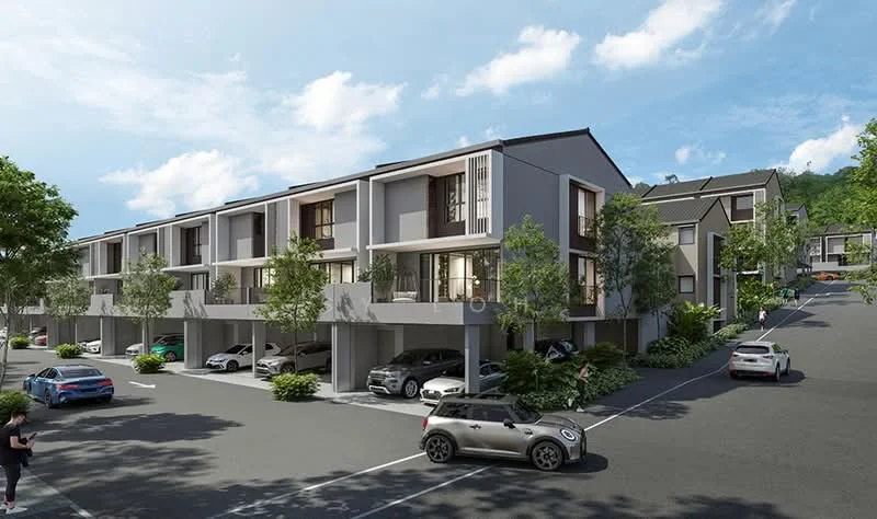 Exterior type: linked terrace house; features: modern facade with large windows, two-storey structure, manicured landscaping with trees, driveway with parking spaces, car porch for each unit, balconies on upper floors, concrete pathway, surrounding greenery, sloped terrain leading to additional units, clear blue sky, multiple vehicles parked; style: modern.