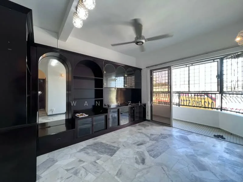 Living features: marble flooring, black cabinetry, arched glass display shelves, ceiling fan, large sliding glass door, window with metal grille, neutral wall color, natural light from windows; style: modern.