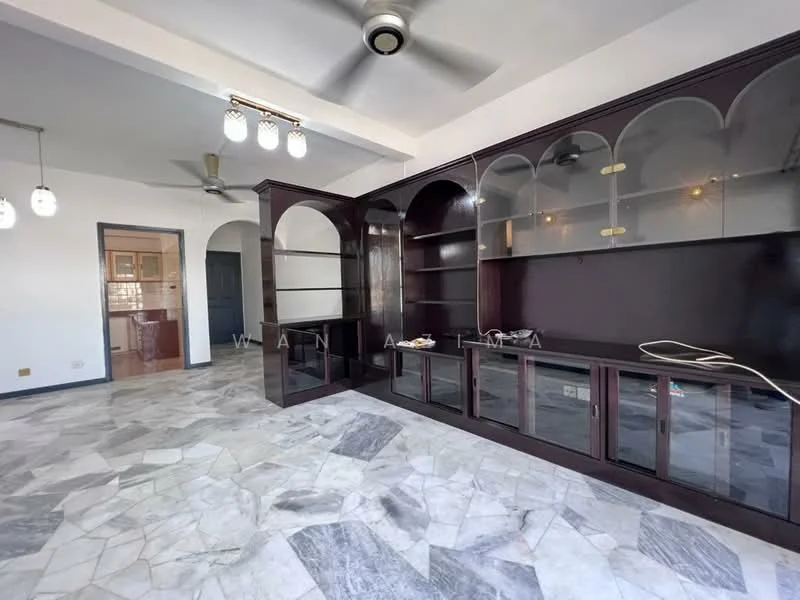 Living features: marble flooring, ceiling fan, built-in wooden shelving unit, arched glass display cabinets, open layout, neutral wall color, large windows, natural light; style: modern.