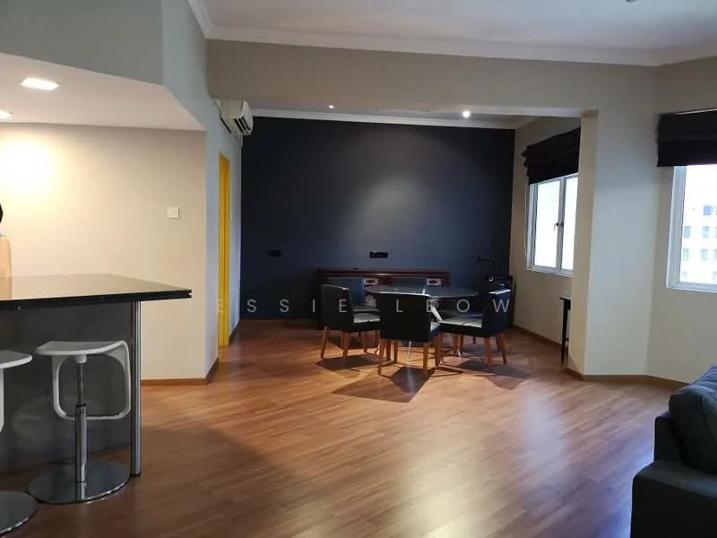 Living features: laminate wood flooring, grey accent wall, floor-to-ceiling windows, roller blinds, dining table with chairs, wall-mounted TV, air conditioning unit, recessed downlights, sofa, open-plan layout with kitchen; style: modern; view: city.