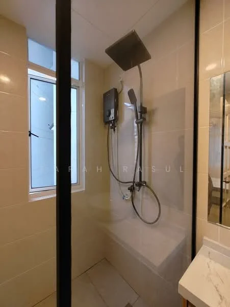 Bathroom features: walk-in shower with glass enclosure, rain shower head, handheld shower, chrome basin mixer, white tiled walls, light beige tile flooring, built-in bench, window for natural light, mirror above vanity; style: modern.