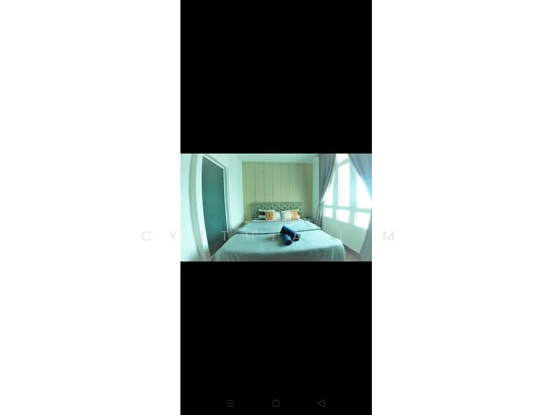 Bedroom features: king-size bed, upholstered headboard, decorative pillows, bedside table, table lamp, floor-to-ceiling windows, sheer curtains, grey bedding, wooden flooring, accent wall with paneling; style: modern.