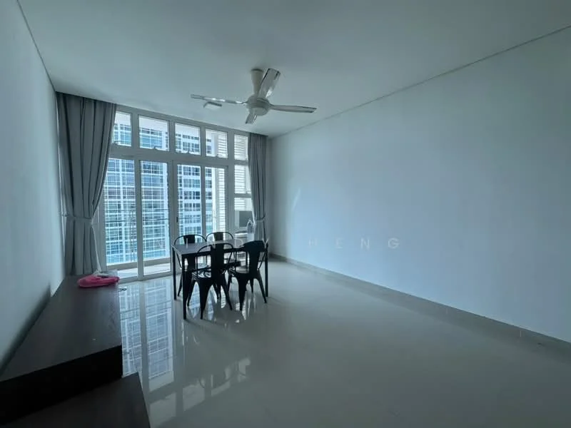 Living features: white painted walls, glossy tile flooring, 5-blade ceiling fan with light, floor-to-ceiling windows, sheer curtains, dining table with four chairs, built-in cabinetry, natural light from windows; style: modern; view: city.