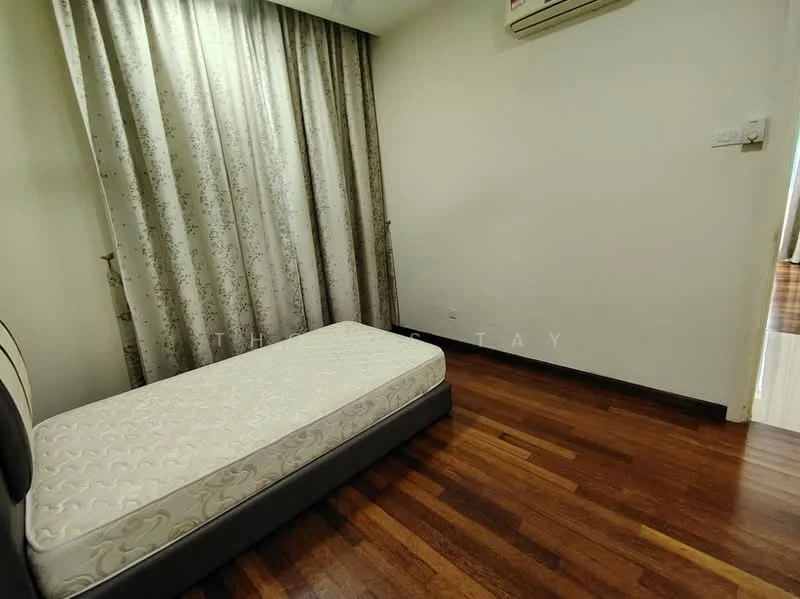 Bedroom features: wooden flooring, white painted walls, floor-to-ceiling curtains, single bed mattress, wall-mounted air conditioning unit.