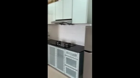 Kitchen features: light blue cabinetry, black granite countertop, stainless-steel range hood, 2-burner gas hob, built-in oven, stainless-steel fridge, white tiled backsplash, wall-mounted cabinets; style: modern.