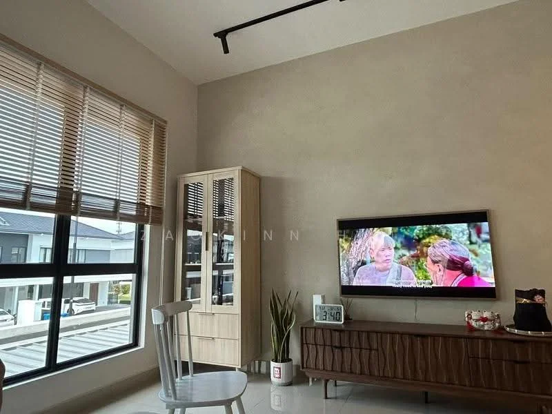 Living features: light grey painted walls, white ceiling, large floor-to-ceiling windows, wooden blinds, flat-panel TV on wall, wooden TV console, decorative plant in pot, light-colored armchair, laminate flooring; style: modern.