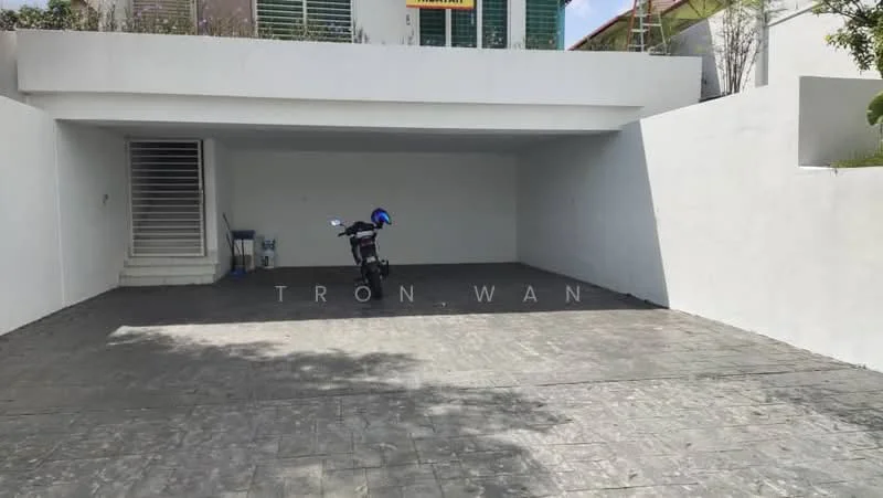 Exterior type: car porch; features: concrete flooring, white painted walls, single-storey structure, open-air design, access stairs leading to the main entrance, motorcycle parked, surrounding greenery; style: modern.