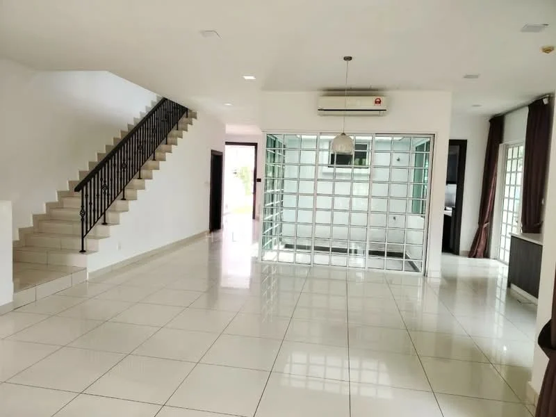 Living features: white painted walls, glossy tile flooring, 5-blade ceiling fan with light, large glass block wall, staircase with black metal railing, recessed downlights, air conditioning unit, large windows with curtains; style: modern. Kitchen features: open layout, kitchen area visible, dark cabinetry, countertop, appliances visible; style: modern.