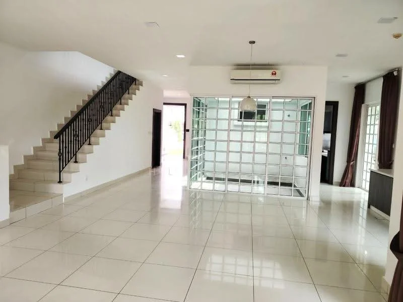 Living features: white painted walls, glossy ceramic tile flooring, 5-blade ceiling fan with light, air conditioning unit, large glass sliding door, natural light from windows, open layout, staircase with metal railing; style: modern. Room features: white painted walls, glossy ceramic tile flooring, glass block wall, natural light from windows.