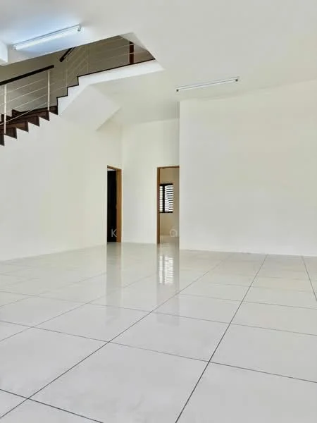 Room features: white painted walls, glossy ceramic tile flooring, staircase with metal railing, recessed ceiling lights, open layout, multiple doorways, large windows, neutral color scheme; style: modern.