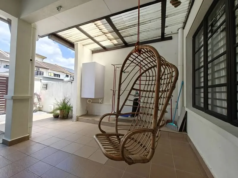 Room features: hanging rattan chair, tiled flooring, white walls, large windows, exposed ceiling beams, indoor plants, clean and minimal decor, broom and cleaning tools visible; style: modern; view: garden.