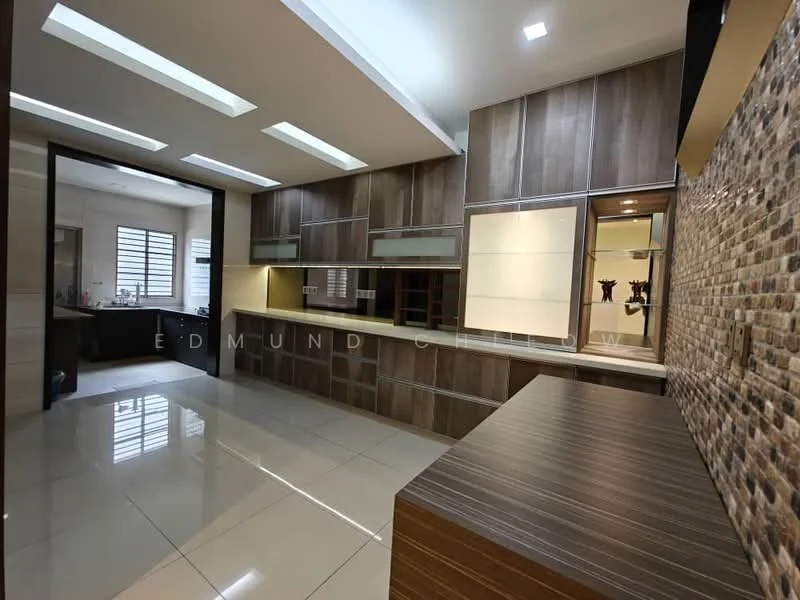 Kitchen features: brown wooden cabinetry, white countertop, stainless-steel sink, chrome pull-down faucet, built-in oven, freestanding range oven, ceramic tile flooring, recessed LED downlights, backlit mirror, stone feature wall, open shelving, kitchen island, modern design; style: modern.