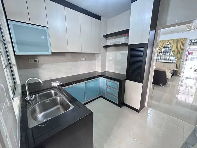 Kitchen features: single-bowl stainless-steel sink, chrome pull-down faucet, black granite countertop, light grey cabinetry with blue accents, upper cabinets with glass panel, open shelving, tile backsplash, ceramic tile flooring, recessed downlights; style: modern.