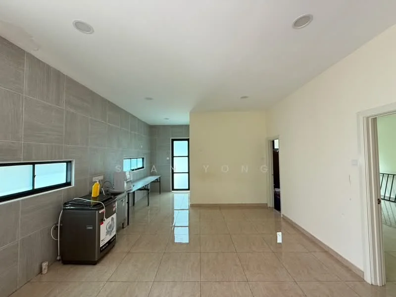 Room features: grey tiled walls, cream tiled flooring, large windows, stainless-steel sink, kitchen cabinetry, countertop, recessed ceiling lights, open layout; style: modern.