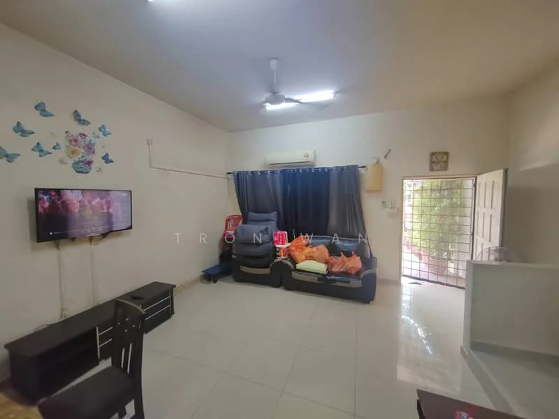 Living features: white painted walls, glossy tile flooring, 5-blade ceiling fan, wall-mounted TV, black TV console, sofa with cushions, black dining chairs, curtains, window with security grille, decorative wall art with butterflies; style: modern.