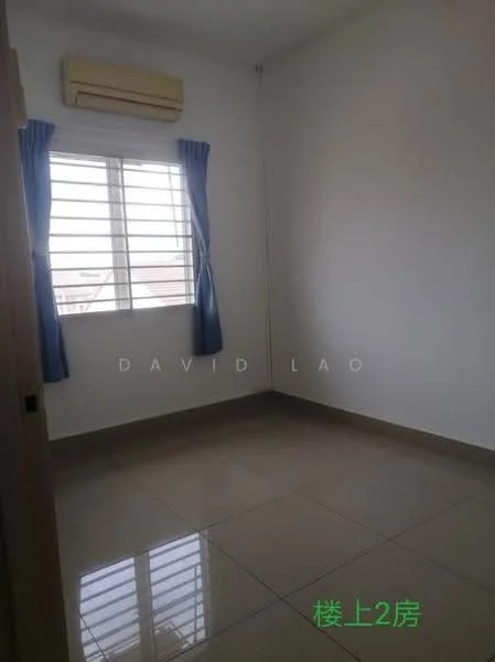 Room features: white painted walls, glossy ceramic tile flooring, 1 wall-mounted split AC, floor-to-ceiling window, blue curtains, neutral ceiling, no visible furniture.