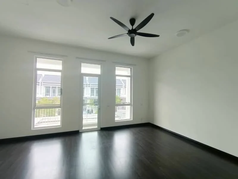 Room features: dark wood flooring, white painted walls, 5-blade ceiling fan, floor-to-ceiling windows, sliding glass door, balcony view; style: modern; view: garden.