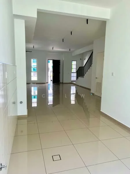 Room features: white painted walls, glossy beige tile flooring, recessed downlights, multiple windows, double-door entrance, staircase with black railing, open layout, high ceiling; style: modern.
