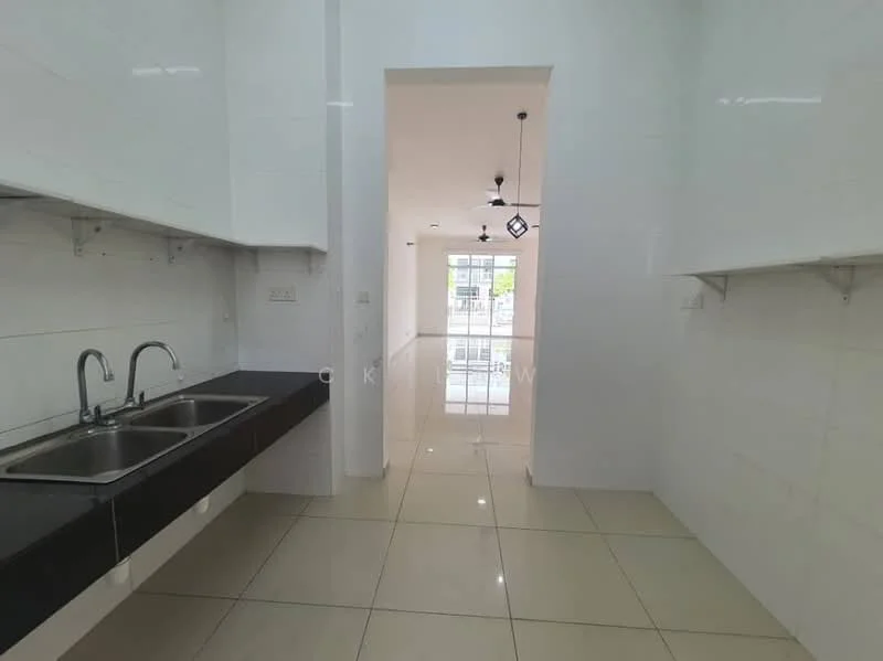 Kitchen features: double-bowl stainless-steel sink, chrome pull-down faucet, black granite countertop, white tiled walls, white ceramic tile flooring, open layout, wall-mounted shelves, recessed downlights; style: modern. Room features: large windows, white walls, polished floor tiles.