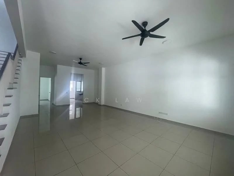 Living features: white painted walls, glossy ceramic tile flooring, 2 ceiling fans, recessed lighting, large windows for natural light, open layout, neutral color scheme, no visible furniture; style: modern. Room features: staircase leading to upper level, doorway leading to another room.