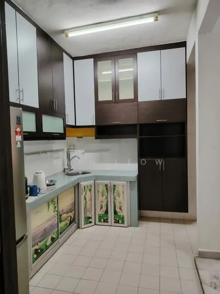 Kitchen features: laminate cabinetry in dark brown and white, light blue countertop, single-bowl stainless-steel sink, chrome pull-down faucet, tile backsplash with nature scene, built-in upper cabinets, lower cabinets with decorative doors, ceramic tile flooring, fluorescent ceiling light; style: modern.