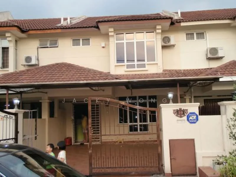 Exterior type: linked terrace house; features: two-storey building, brown tiled roof, cream painted facade, front gate with security features, visible air conditioning units, paved driveway, manicured front garden, decorative wall, windows with white frames, entrance porch; style: modern.