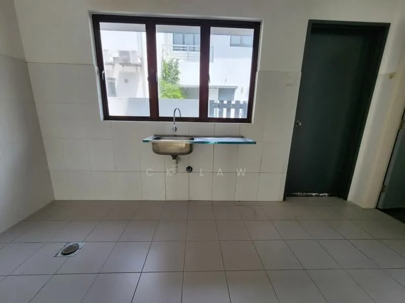 Laundry features: single-bowl stainless-steel sink, white tiled walls, grey floor tiles, window with view to outside, door leading to another room, drainage outlet on floor.