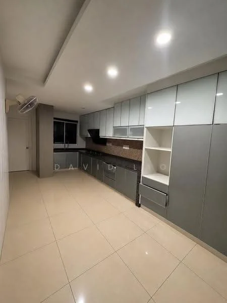 Kitchen features: grey cabinetry, white upper cabinets, black countertop, ceramic tile flooring, recessed LED downlights, window with city view, built-in oven, stainless-steel sink, chrome faucet, open shelving, splashback with mosaic pattern, wall-mounted split AC; style: modern; view: city.
