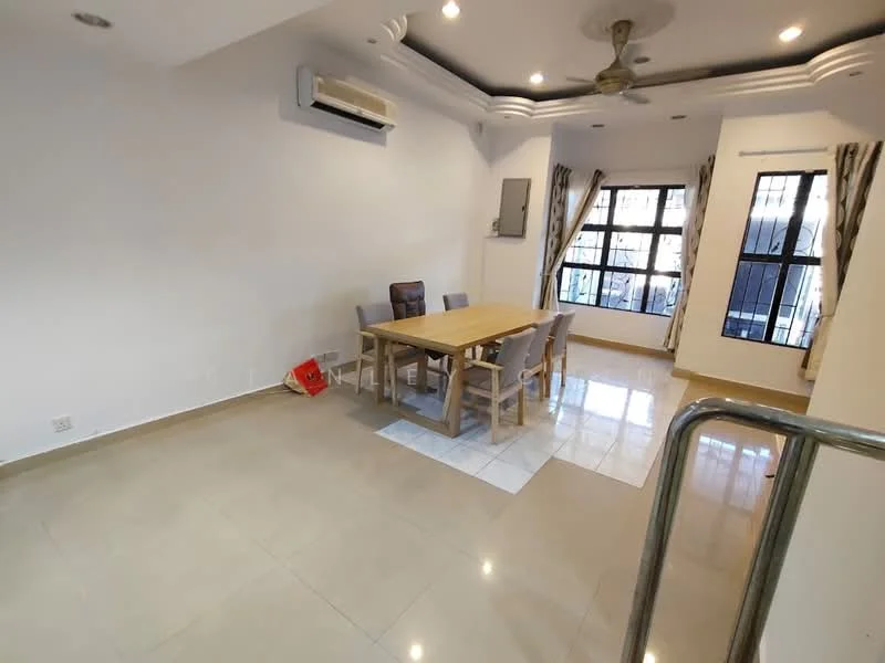 Dining features: dining table with four chairs, wall-mounted split AC, white painted walls, recessed ceiling with downlights, large windows with sheer curtains, ceramic tile flooring, ceiling fan, decorative wall paneling; style: modern.