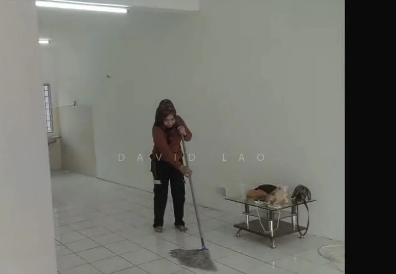 Room features: white painted walls, glossy white floor tiles, ceiling with fluorescent lighting, glass coffee table, mop, cleaning supplies, open space layout; style: minimalist.