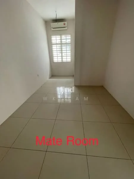 Room features: white painted walls, glossy ceramic tile flooring, 1 wall-mounted split AC, window with horizontal slats, neutral color scheme, no visible furniture, bright natural light, empty space; style: minimalist.