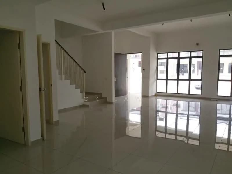 Living features: white painted walls, glossy ceramic tile flooring, large floor-to-ceiling windows, double-door entrance, staircase with wooden railing, recessed ceiling lights, open layout, natural light flooding the space; style: modern.