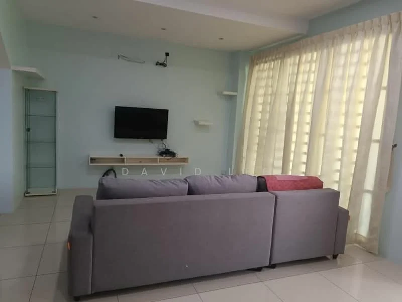 Living features: grey fabric 3-seater sofa, white wall-mounted TV console, wall-mounted TV, floor-to-ceiling windows with sheer curtains, light-colored walls, tile flooring, shelves on walls, recessed ceiling lights; style: modern.