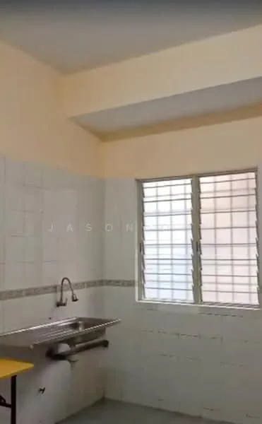 Kitchen features: single-bowl stainless-steel sink, chrome faucet, white tiled walls, grey tiled flooring, window with metal grille, countertop with metal base, wall-mounted shelving, light-colored ceiling.