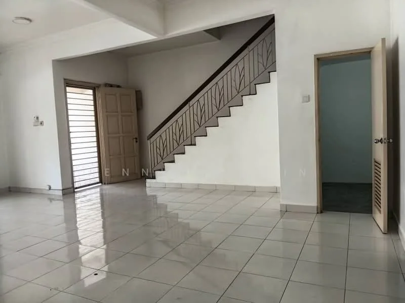 Room features: white painted walls, tile flooring, staircase with wooden railing, door leading to another room, door leading outside, recessed ceiling, natural light from windows, open layout; style: modern.