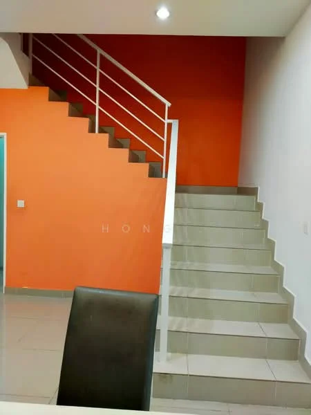 Room features: orange accent wall, white walls, staircase with white railing, tiled flooring, steps with light-colored tiles, recessed ceiling lights; style: modern.